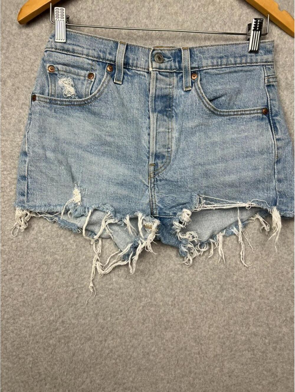 Levis 501 Button Fly Distressed Blue Jeans Shorts Size 27 High Rise Classic USA